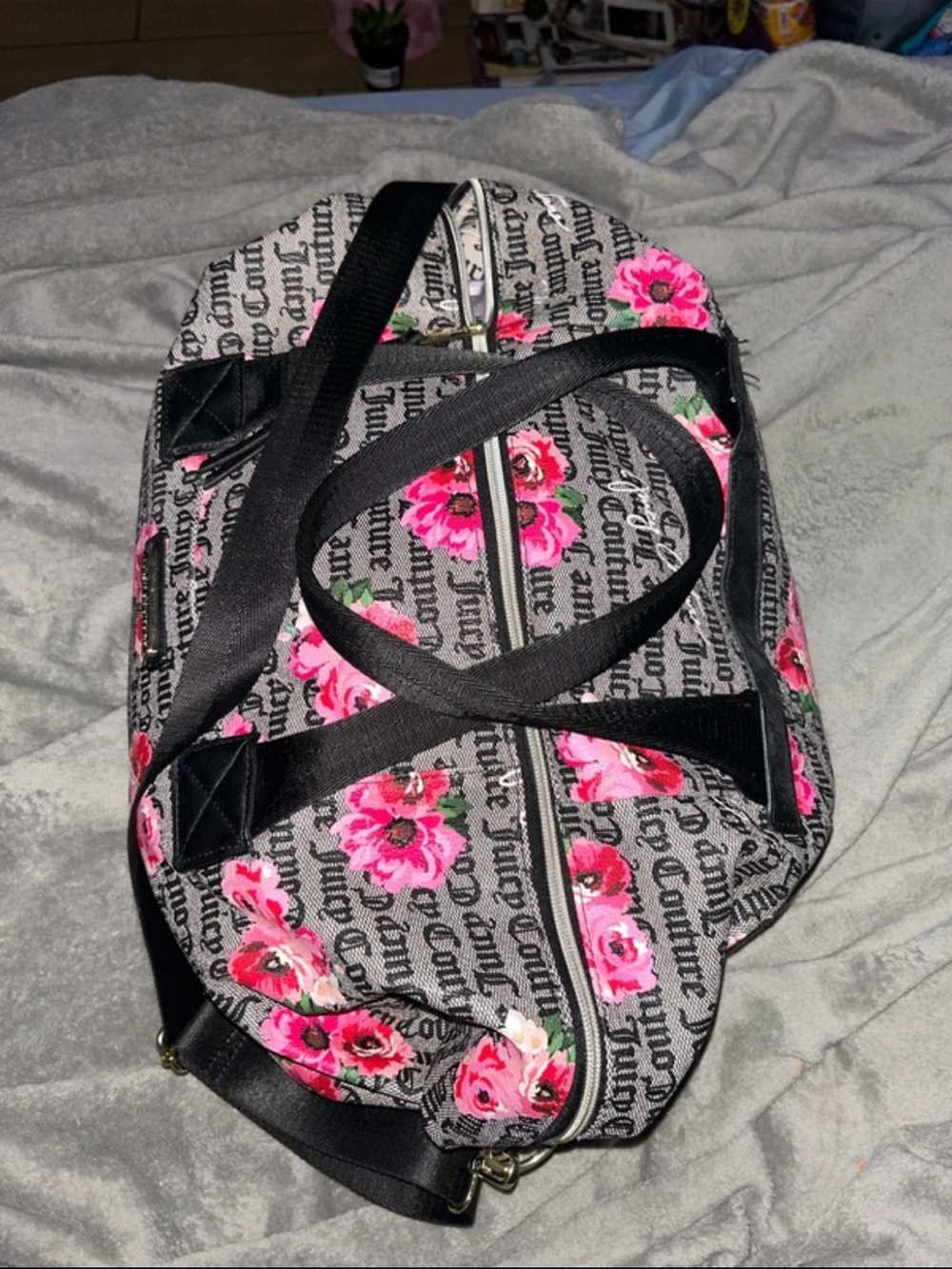 Juicy Couture Gray Floral Travel Bag with Pink Rose Print - Picture 2 of 6